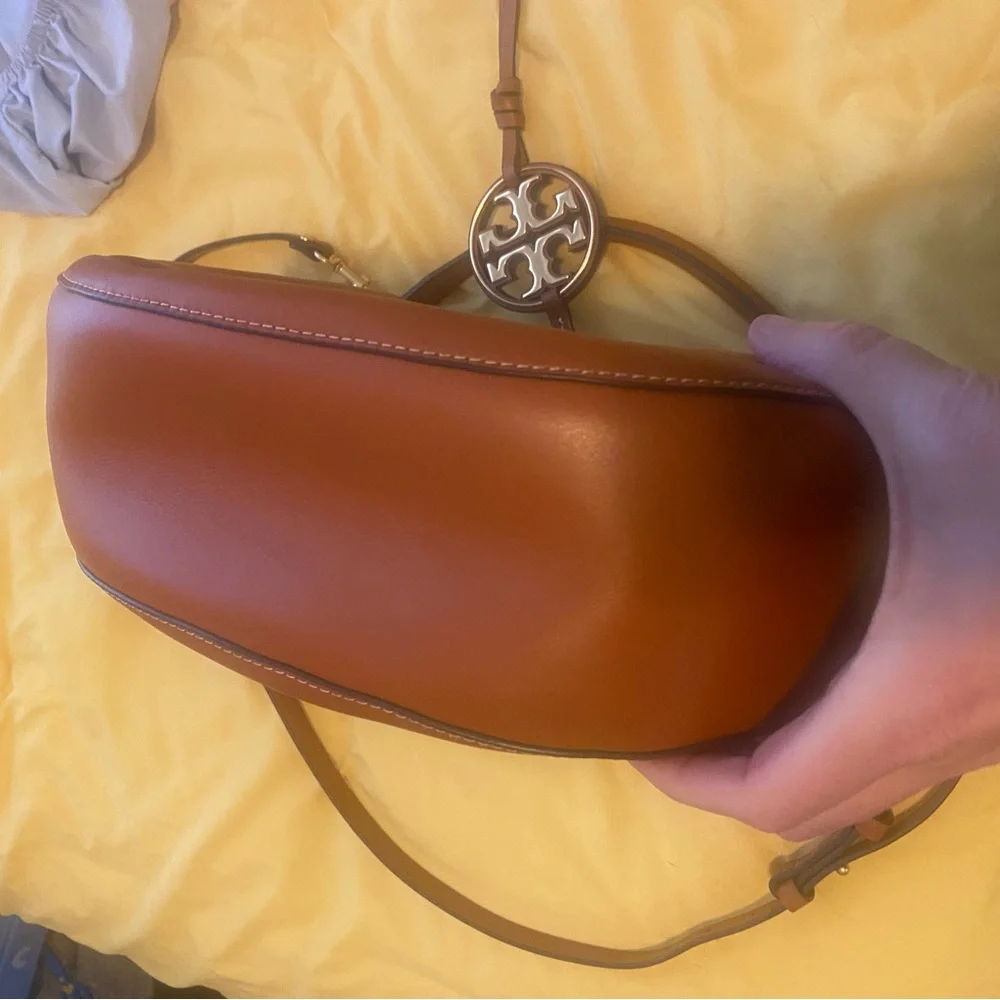 New Tory Burch Mini Miller Brown Cognac Leather Hobo Saddle Crossbody Bag Purse